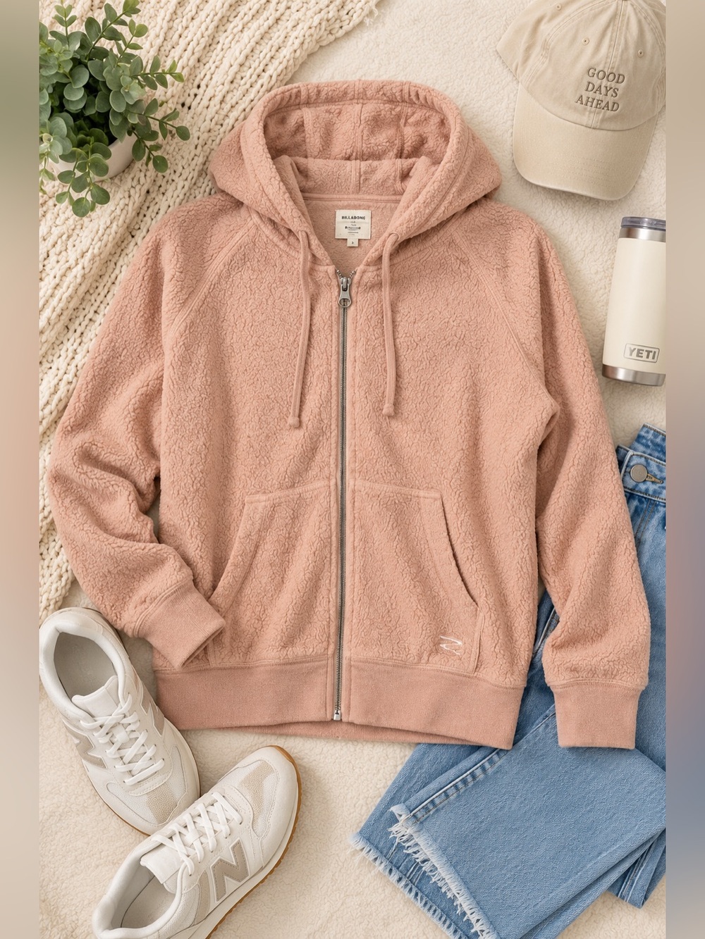 Billabong Dusty Pink Sherpa Fleece Zip Up Hoodie Jacket Size S
